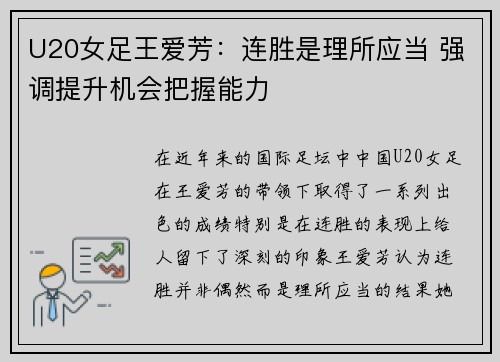 U20女足王爱芳:连胜是理所应当 强调提升机会把握能力 U20女足王爱芳:连胜是理所应当 强调提升机会把握能力