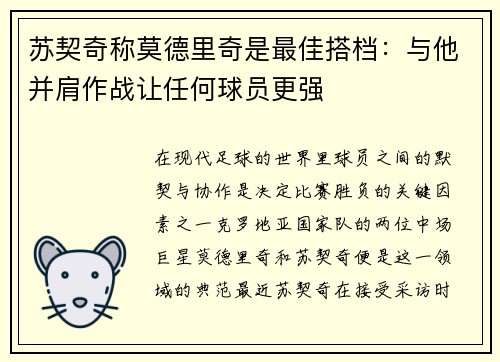 苏契奇称莫德里奇是最佳搭档:与他并肩作战让任何球员更强 苏契奇称莫德里奇是最佳搭档:与他并肩作战让任何球员更强