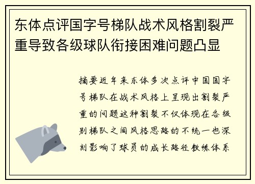 东体点评国字号梯队战术风格割裂严重导致各级球队衔接困难问题凸显 东体点评国字号梯队战术风格割裂严重导致各级球队衔接困难问题凸显