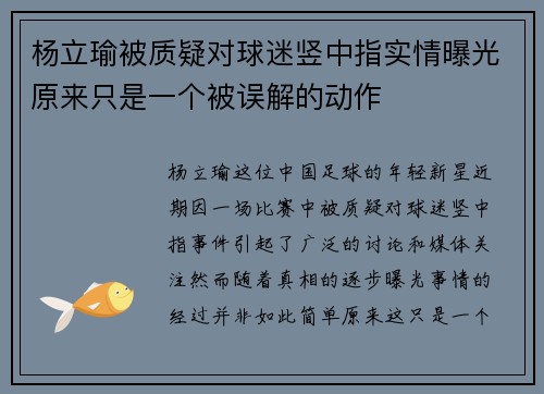 杨立瑜被质疑对球迷竖中指实情曝光原来只是一个被误解的动作 杨立瑜被质疑对球迷竖中指实情曝光原来只是一个被误解的动作